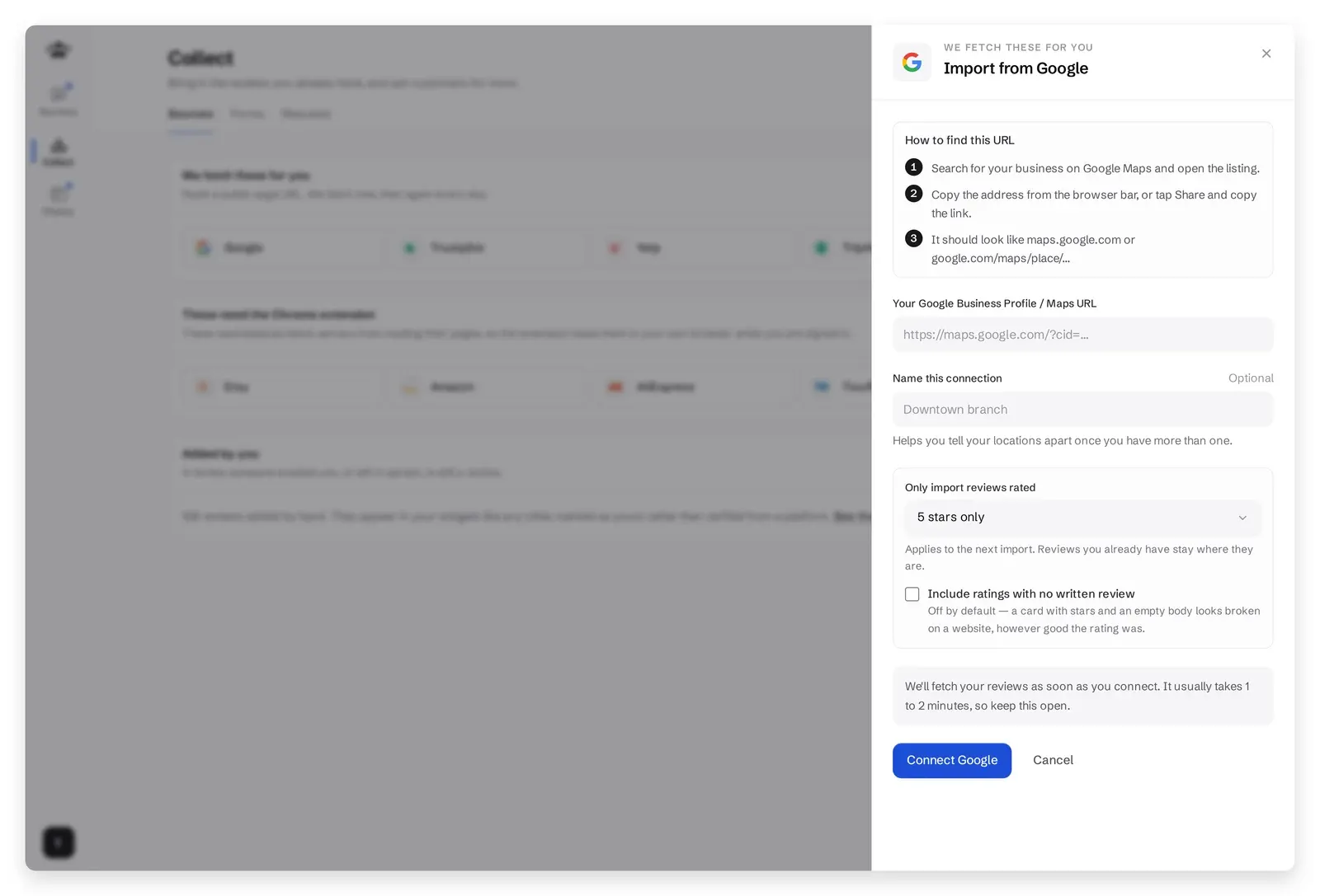 The Import from Google panel in ReviewsJet, with a field for the Google Business Profile or Maps URL and a rating filter