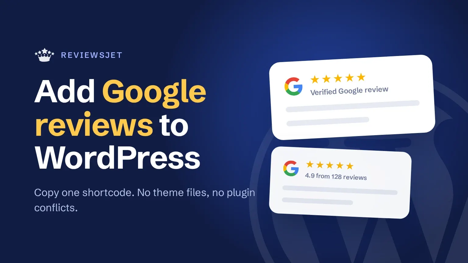 Add Google reviews to WordPress: five-star Google review cards over the WordPress logo