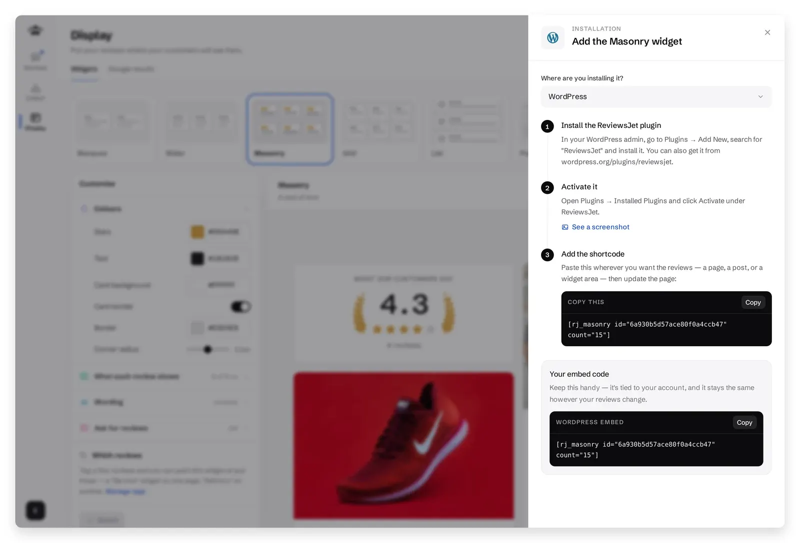 ReviewsJet install instructions for WordPress: install the plugin, activate it, then paste the rj_masonry shortcode
