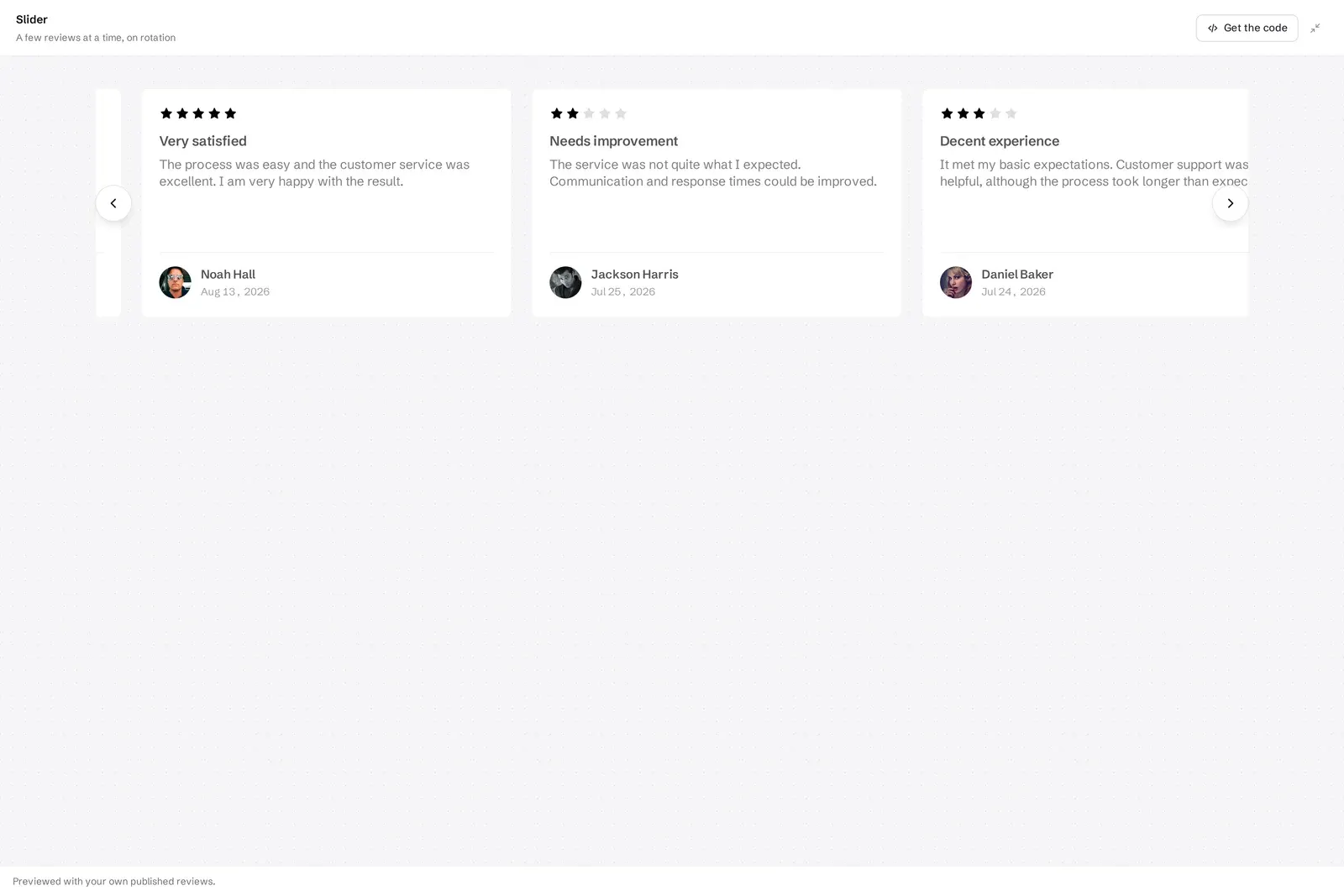 Slider review widget preview in ReviewsJet