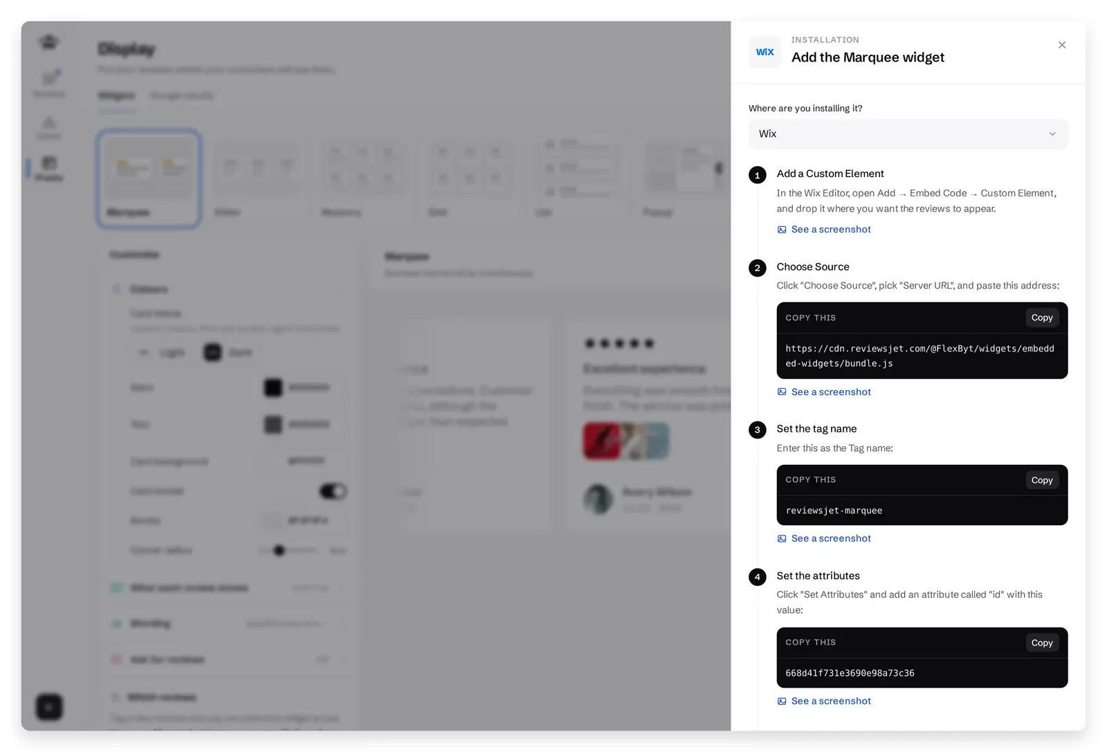 ReviewsJet Wix install guide with Custom Element steps