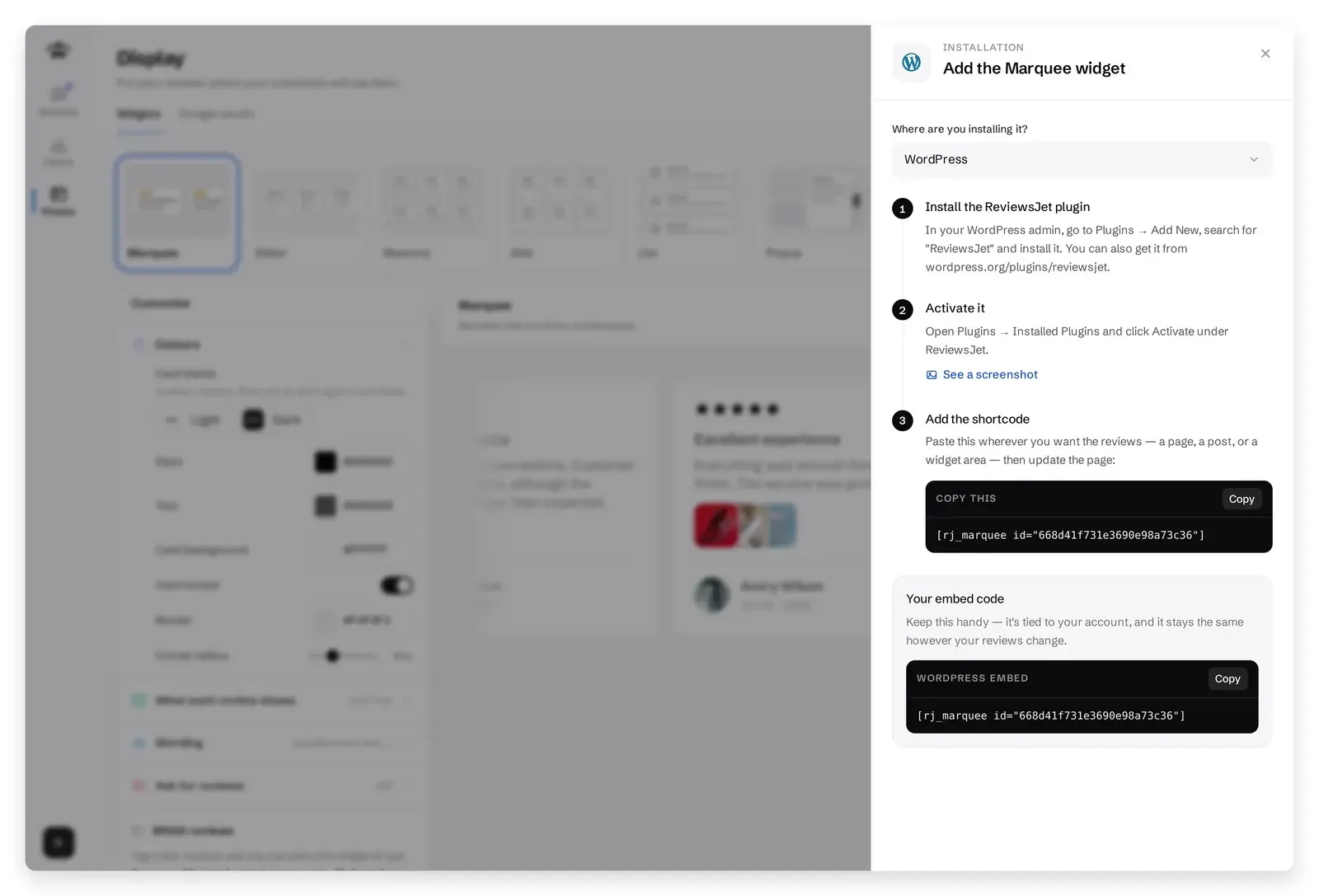 ReviewsJet Get the code panel set to WordPress with plugin install steps