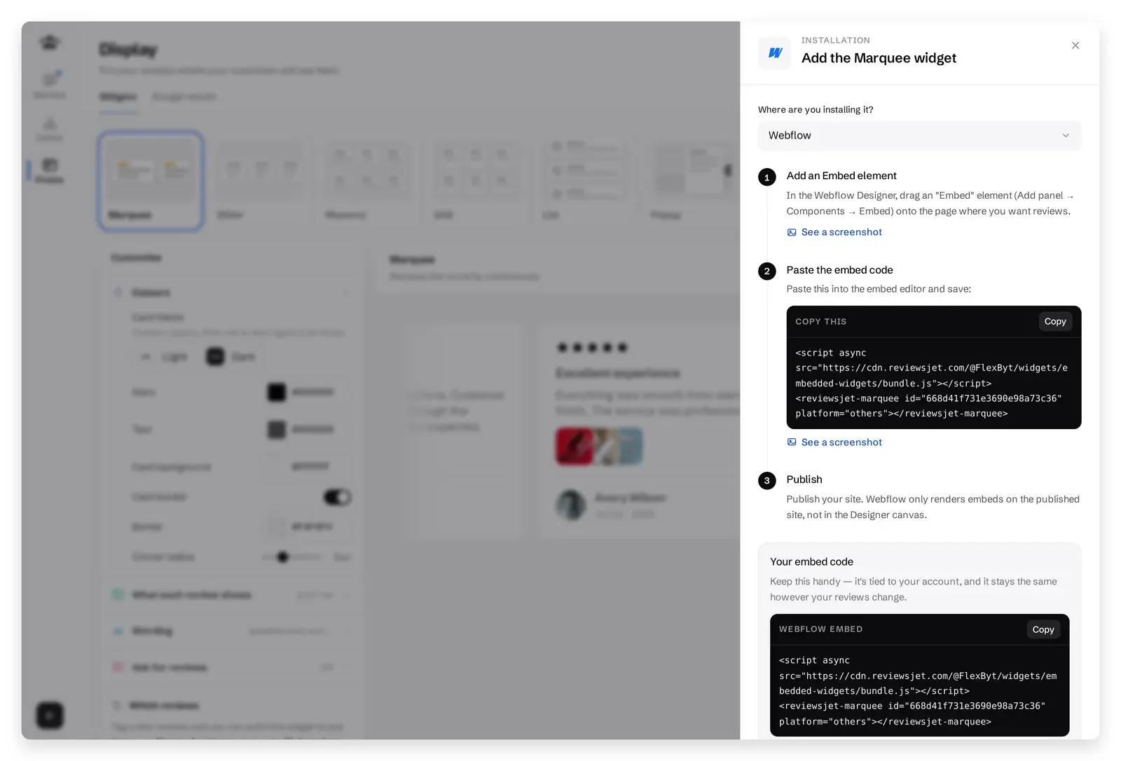 ReviewsJet Get the code panel set to Webflow