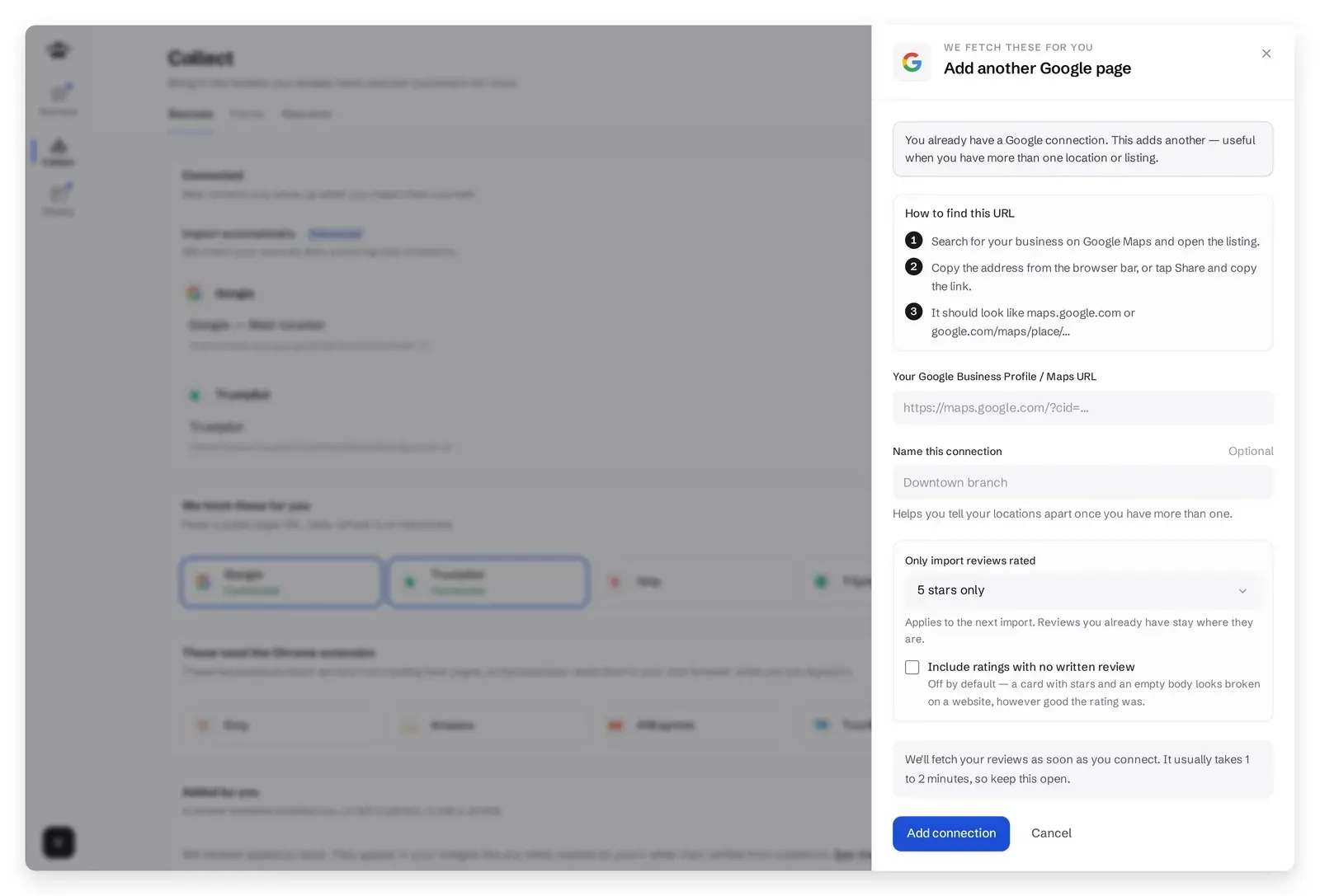 ReviewsJet Google source connect panel