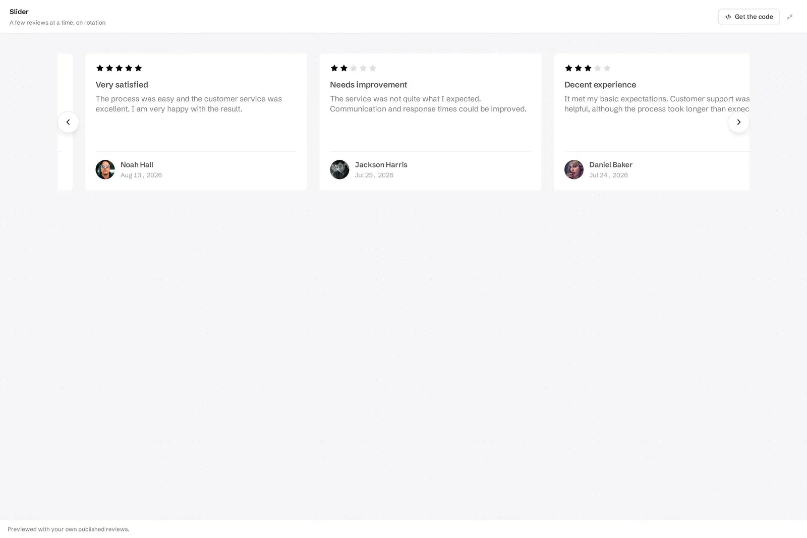 Full-screen slider review widget preview in ReviewsJet