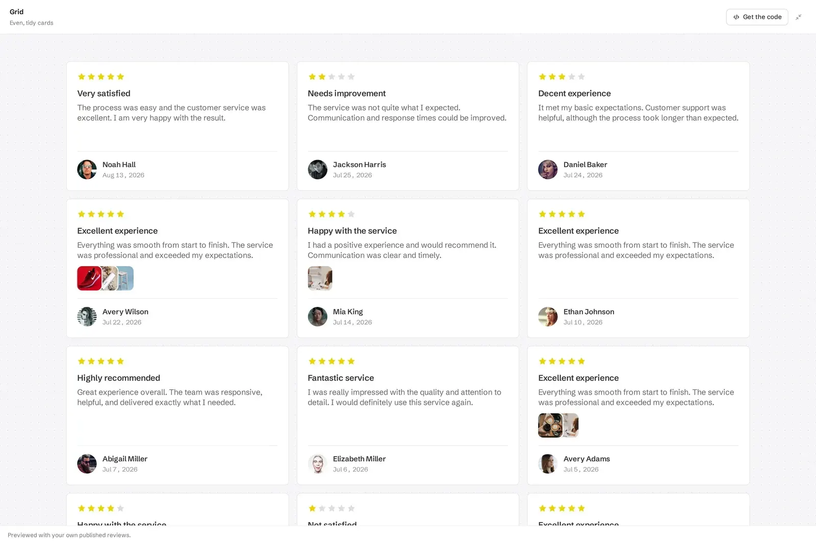 Full-screen grid review widget preview in ReviewsJet