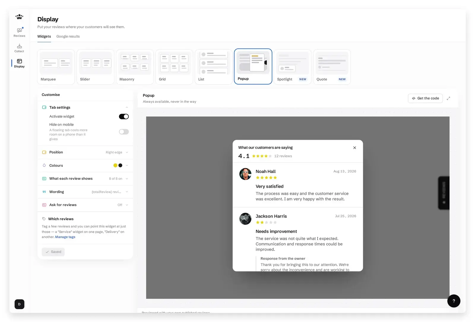 Popup review widget selected in ReviewsJet Display