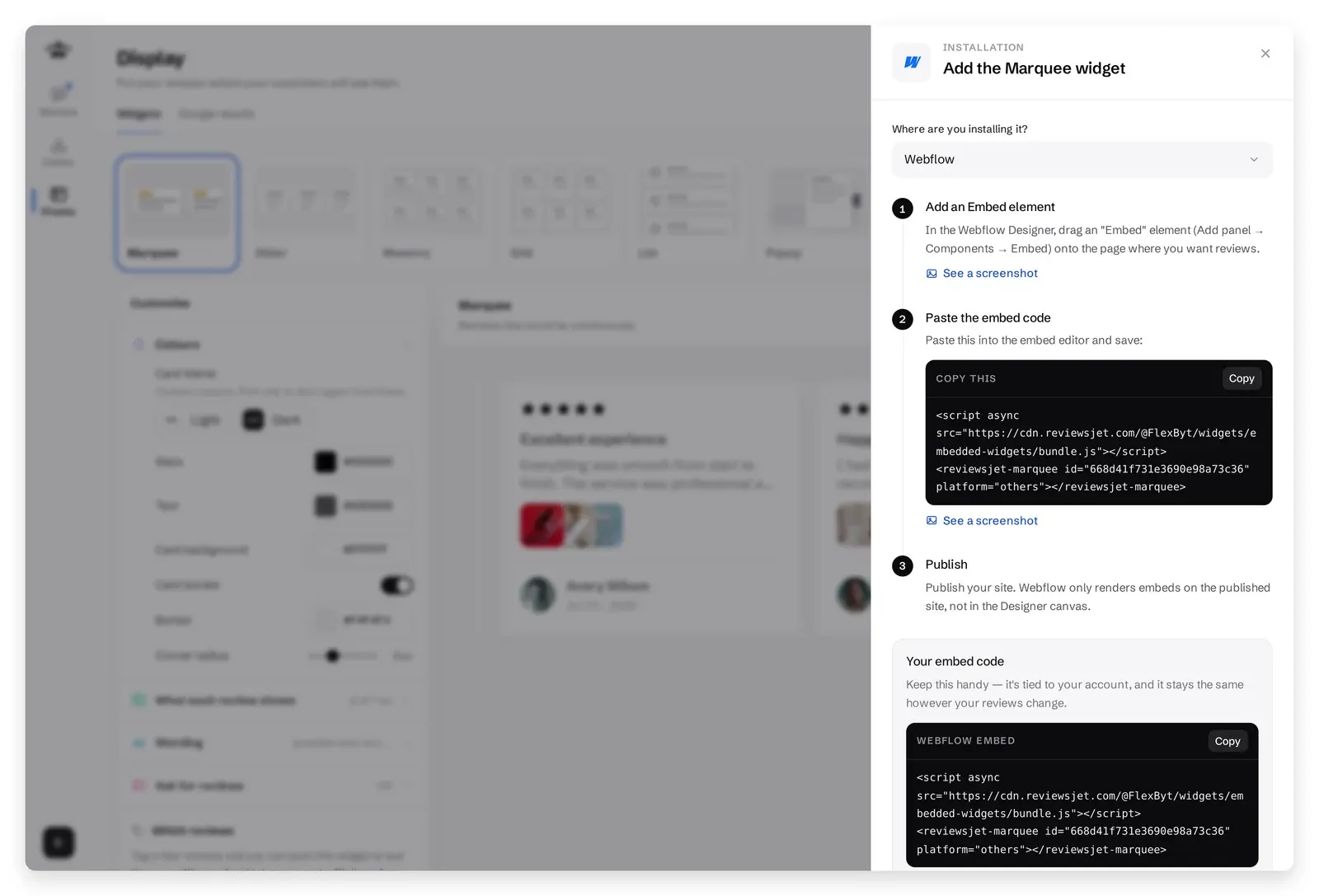 ReviewsJet Get the code panel set to Webflow with embed steps