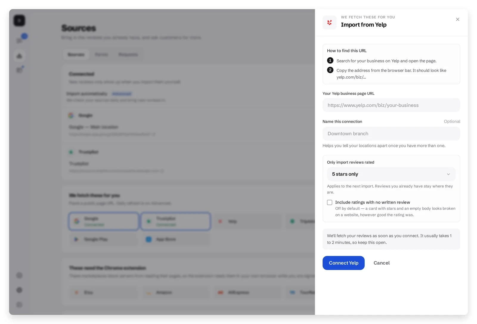 Connect a Yelp page in ReviewsJet