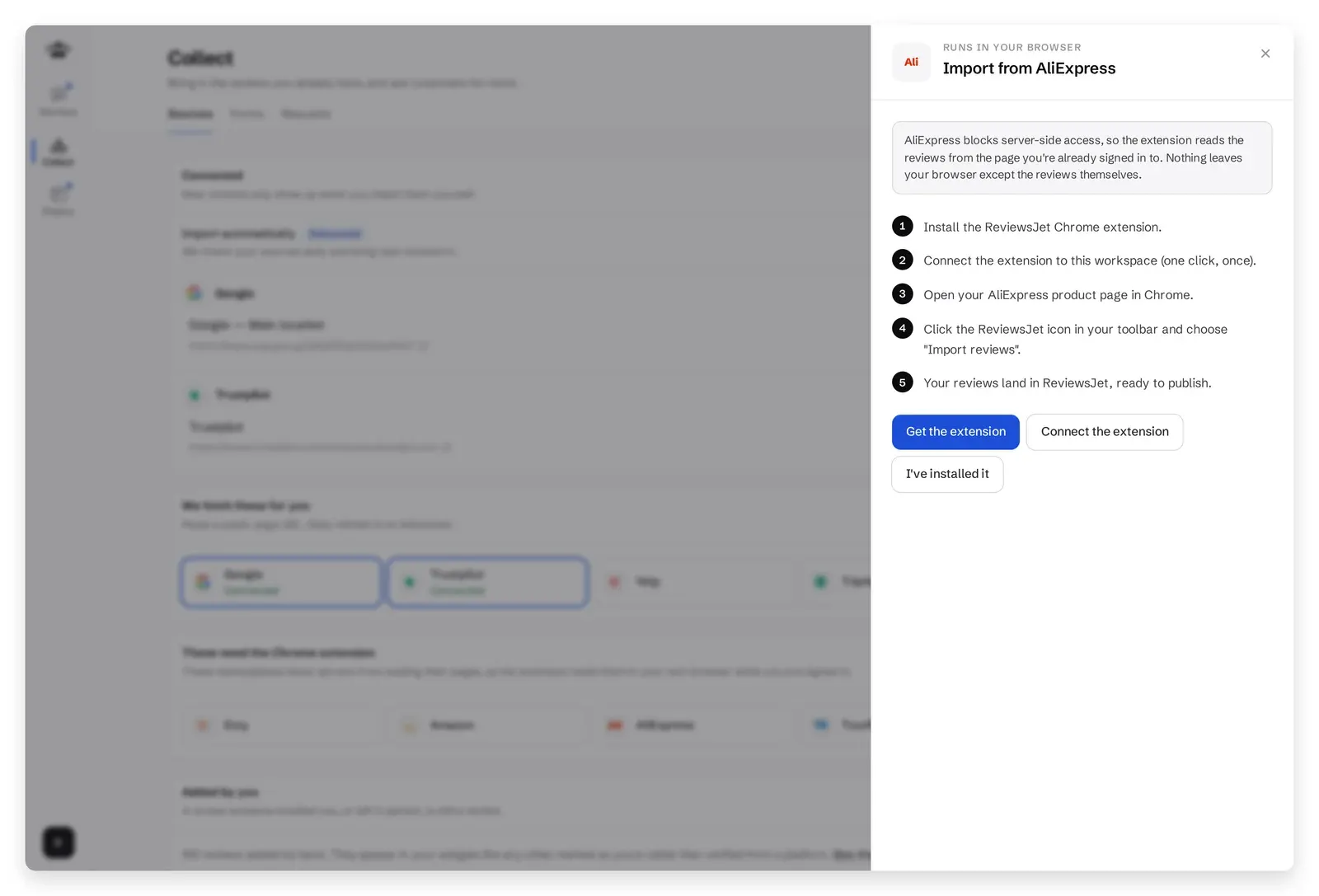 ReviewsJet Collect screen showing the AliExpress Chrome extension import flow