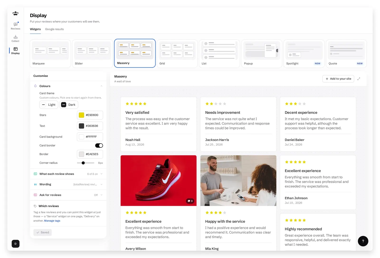 Display page with the Masonry widget layout for photo-heavy AliExpress reviews