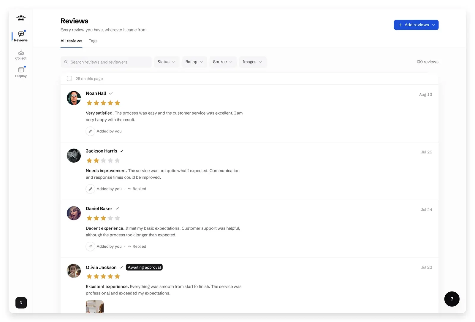 Reviews library with imported AliExpress product reviews ready to publish