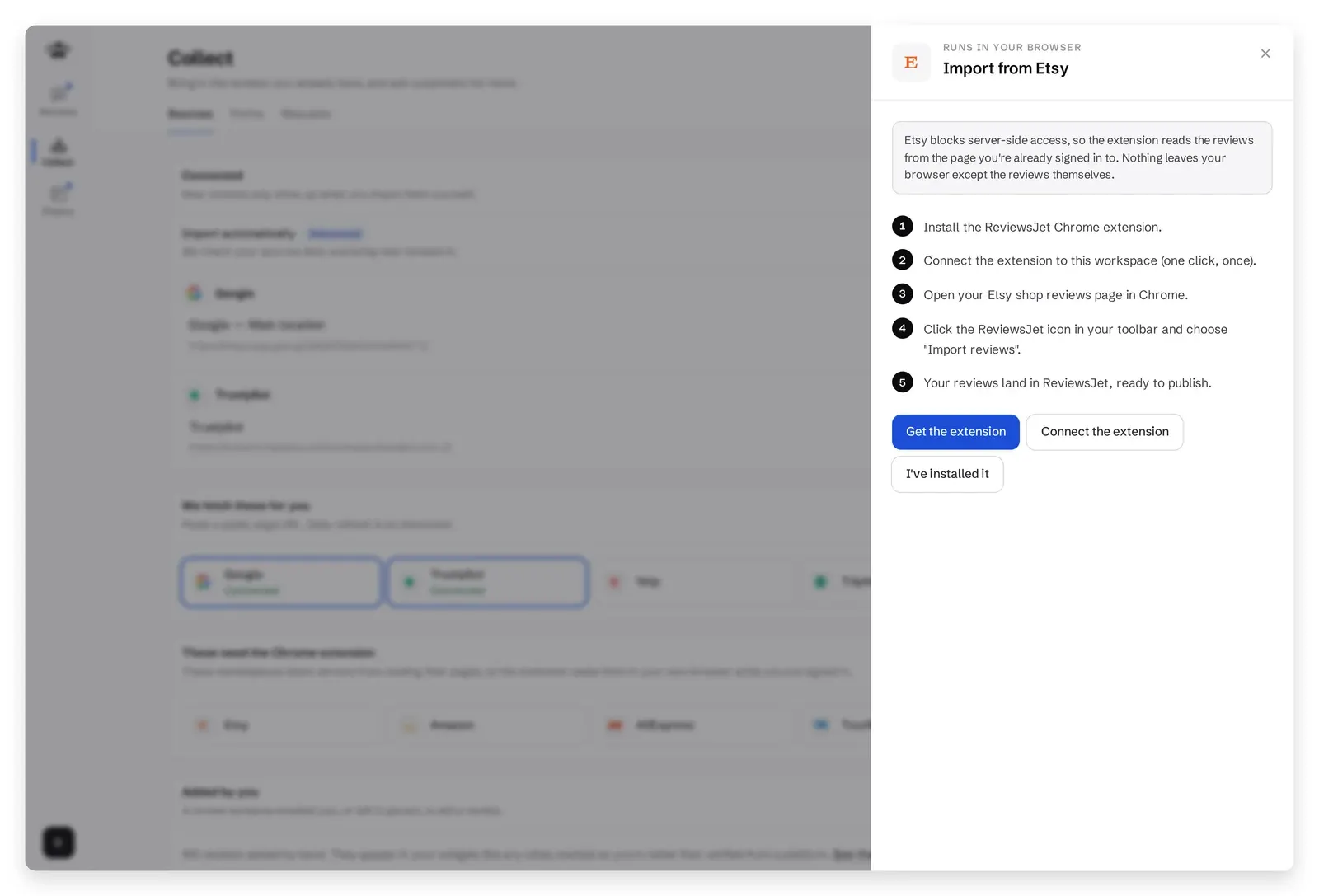 ReviewsJet Collect screen showing the Etsy Chrome extension import flow