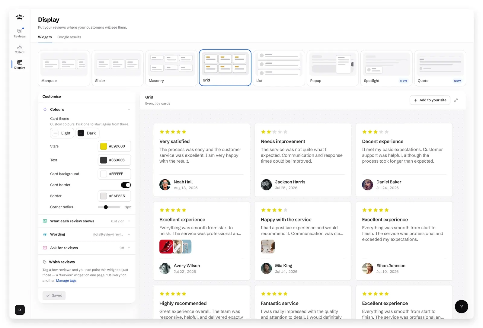 Display page with the Grid widget layout selected