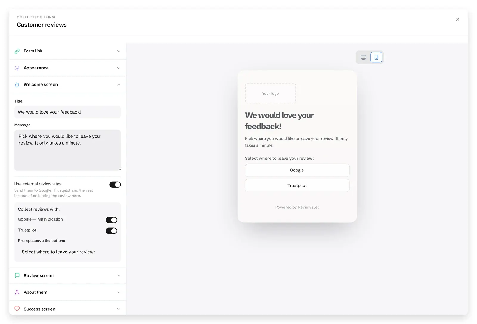 ReviewsJet form Welcome screen with Use external review sites enabled