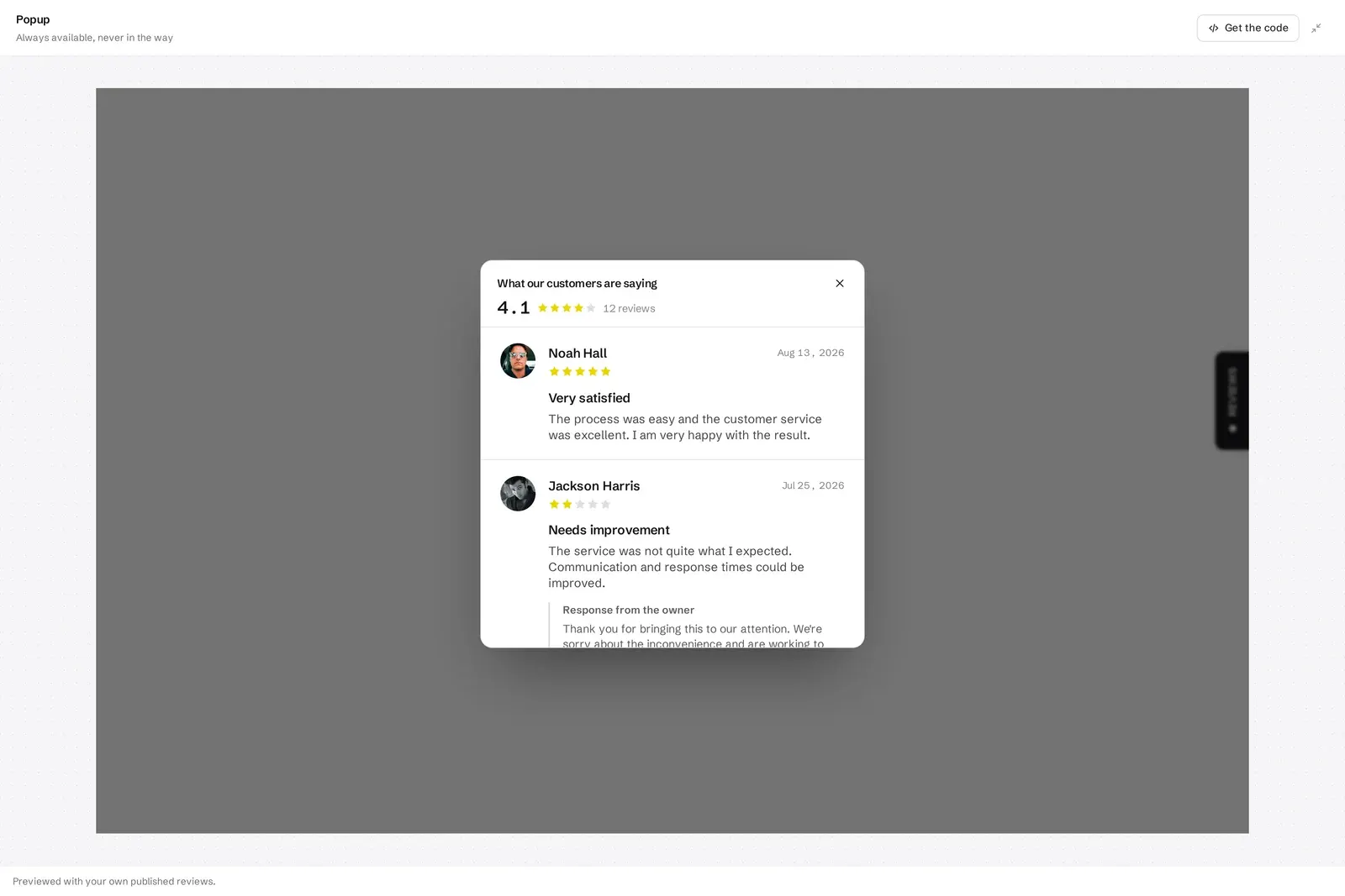 Popup review widget preview in ReviewsJet