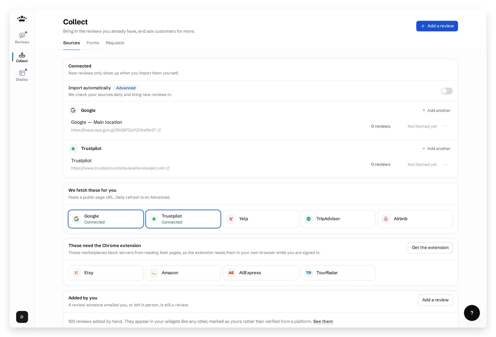 ReviewsJet Collect sources for Google, Yelp, Trustpilot, and more