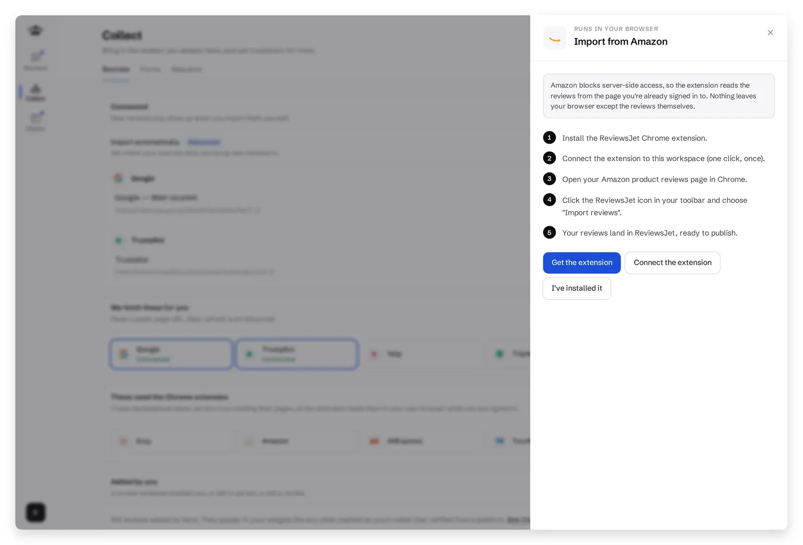ReviewsJet Collect screen showing the Amazon Chrome extension import flow