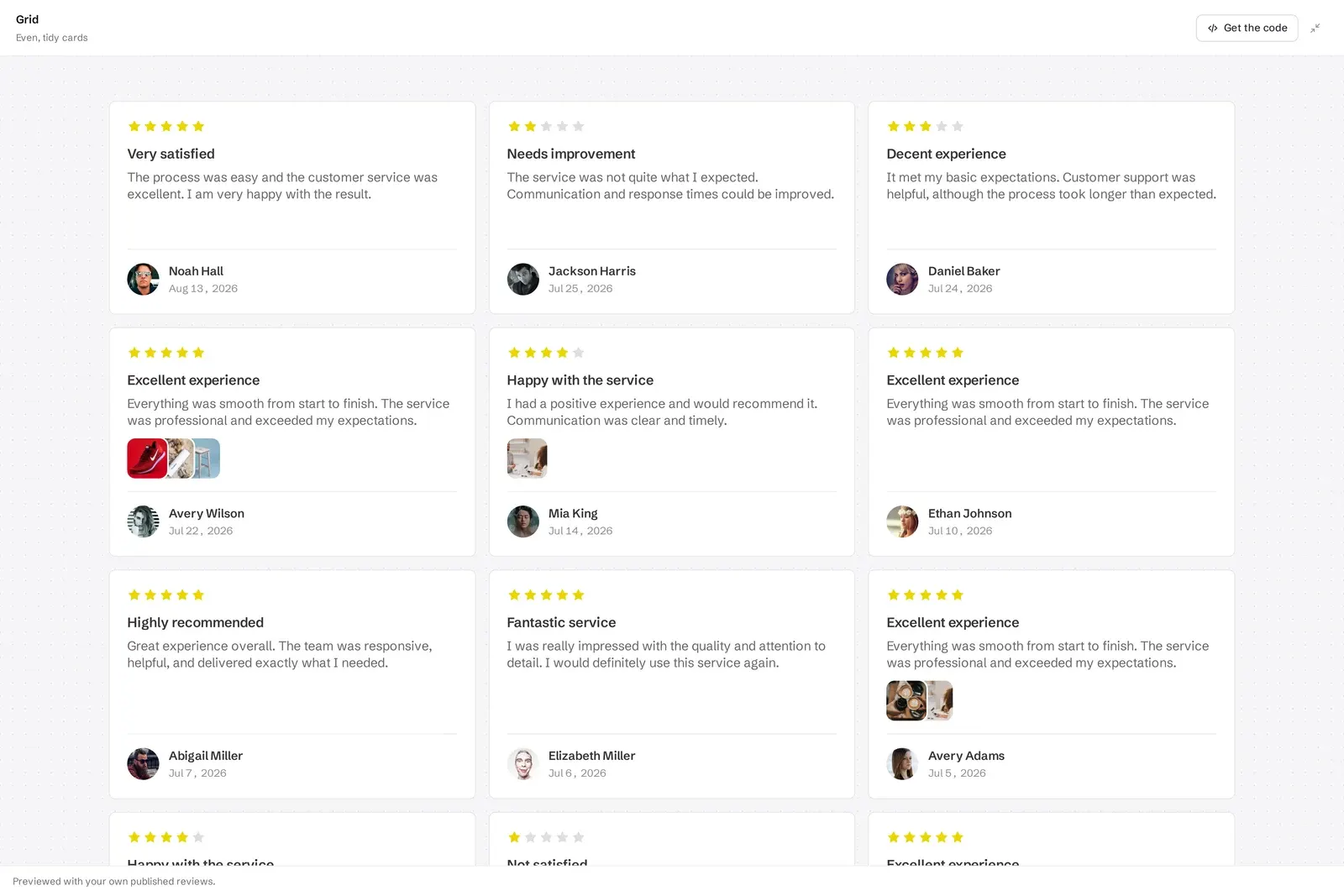 Grid layout of photo reviews for carousels and pins