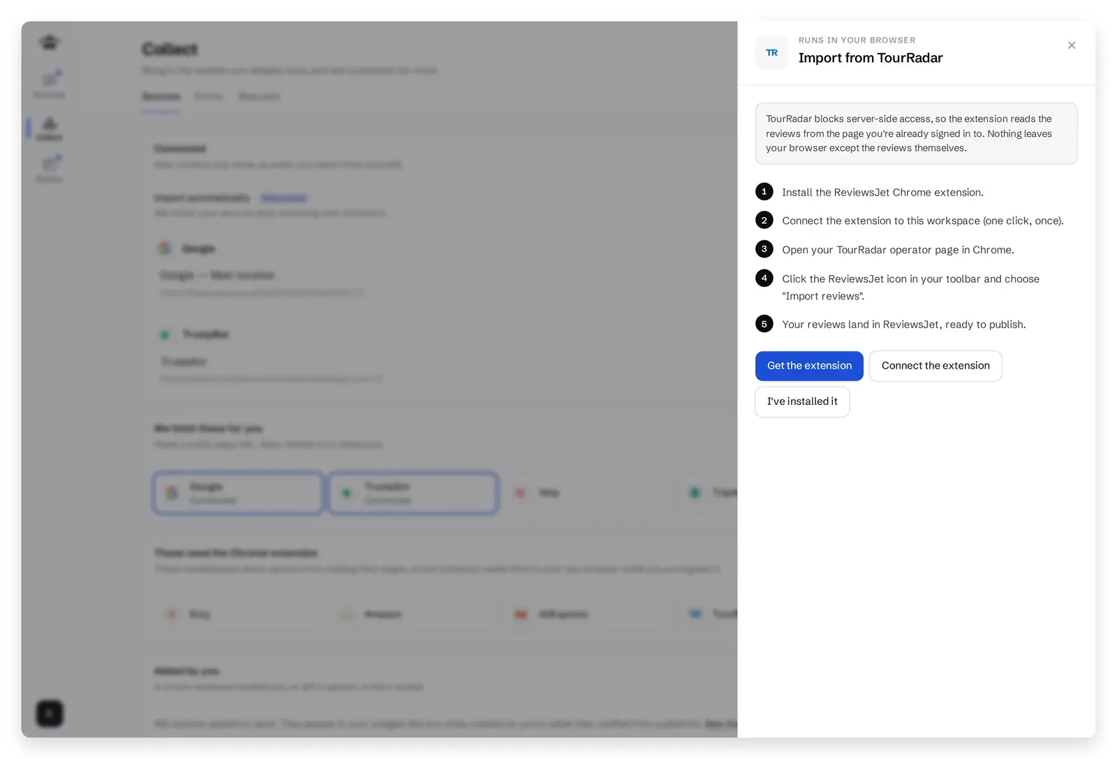 ReviewsJet Collect screen showing the TourRadar Chrome extension import flow
