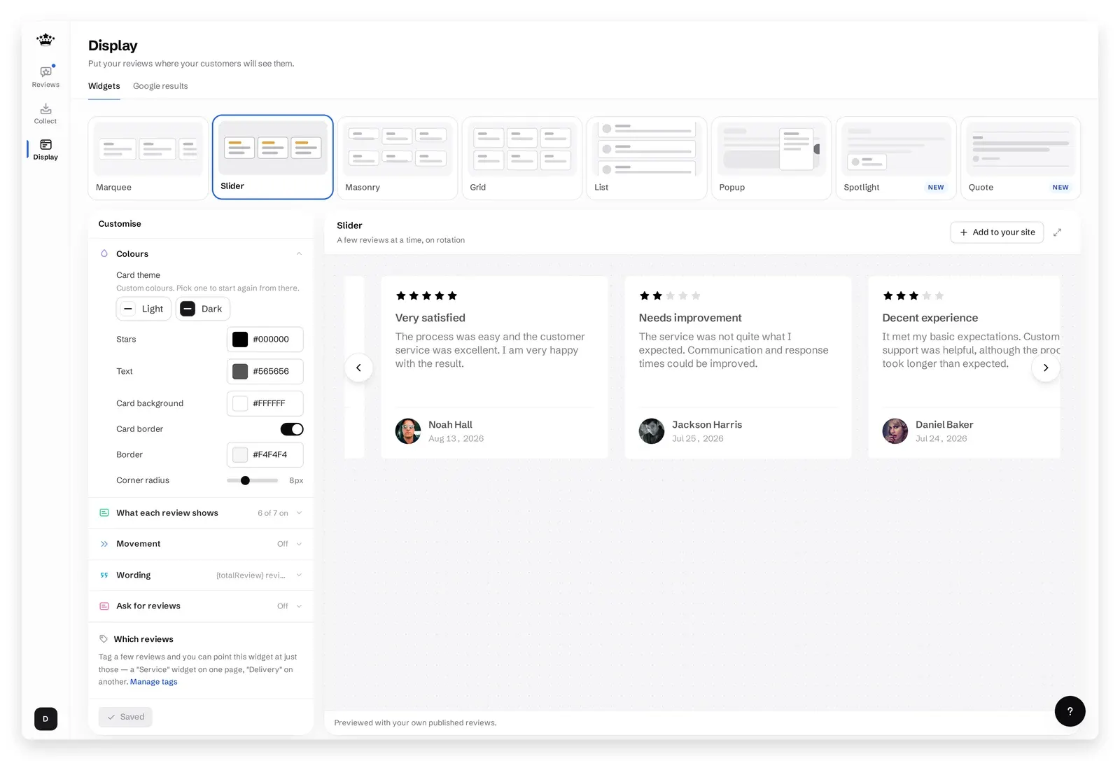 Display page with the Slider widget for TourRadar reviews on a booking site