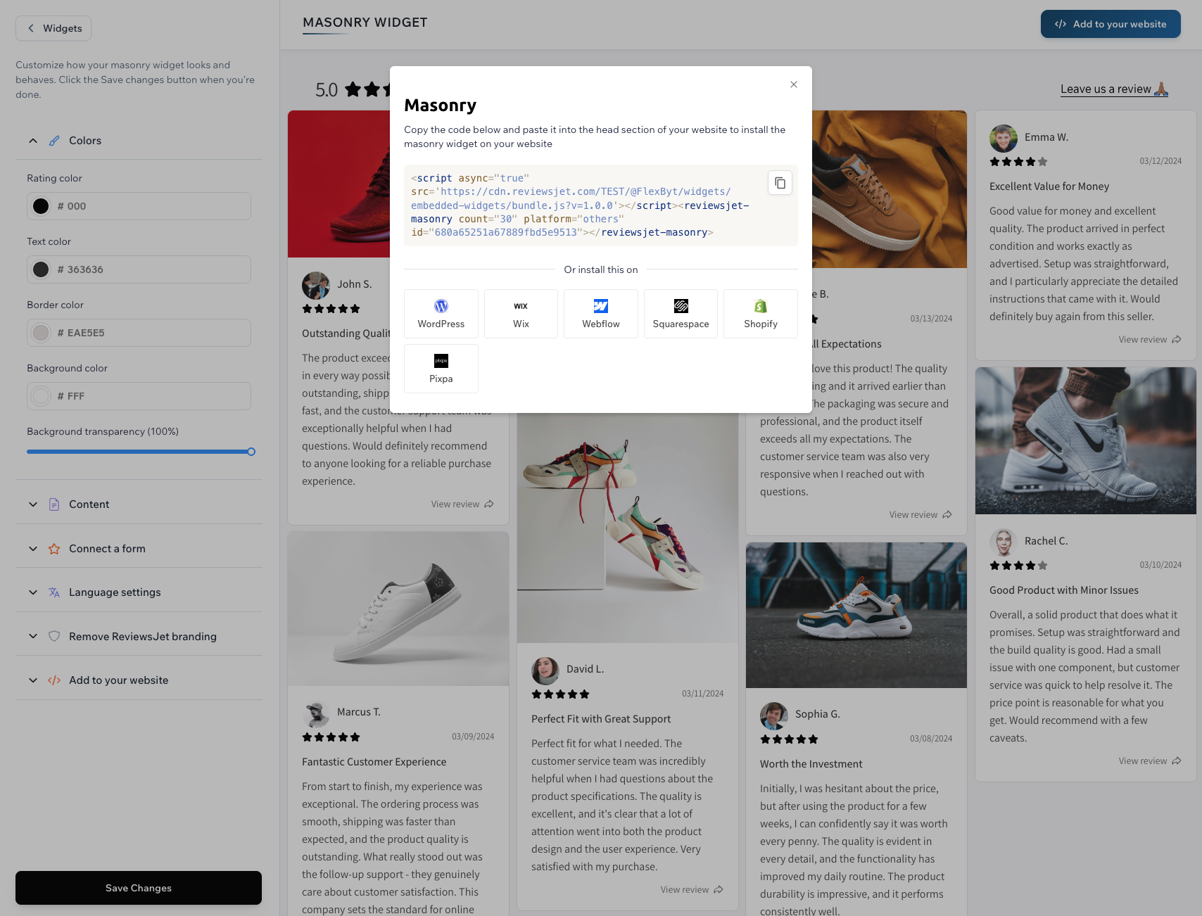 ReviewsJet Masonry widget settings