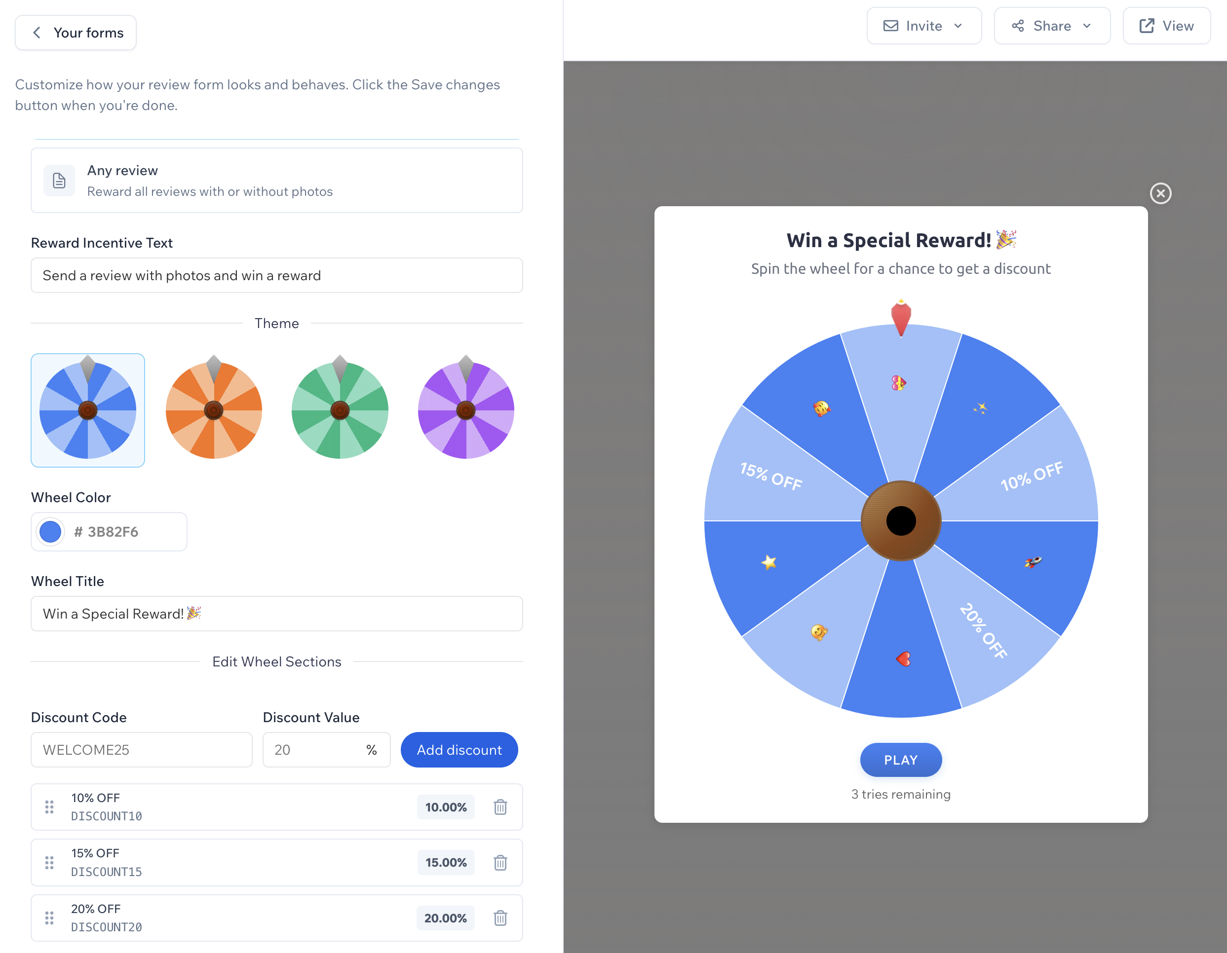 ReviewsJet spin wheel settings