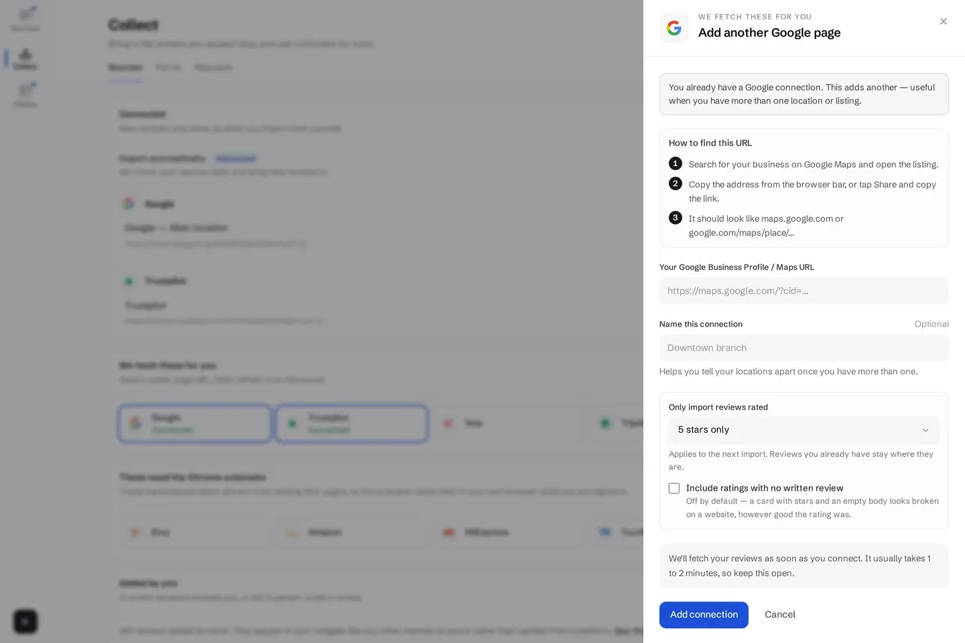 The Google connect panel with a field for the Maps or Business Profile URL