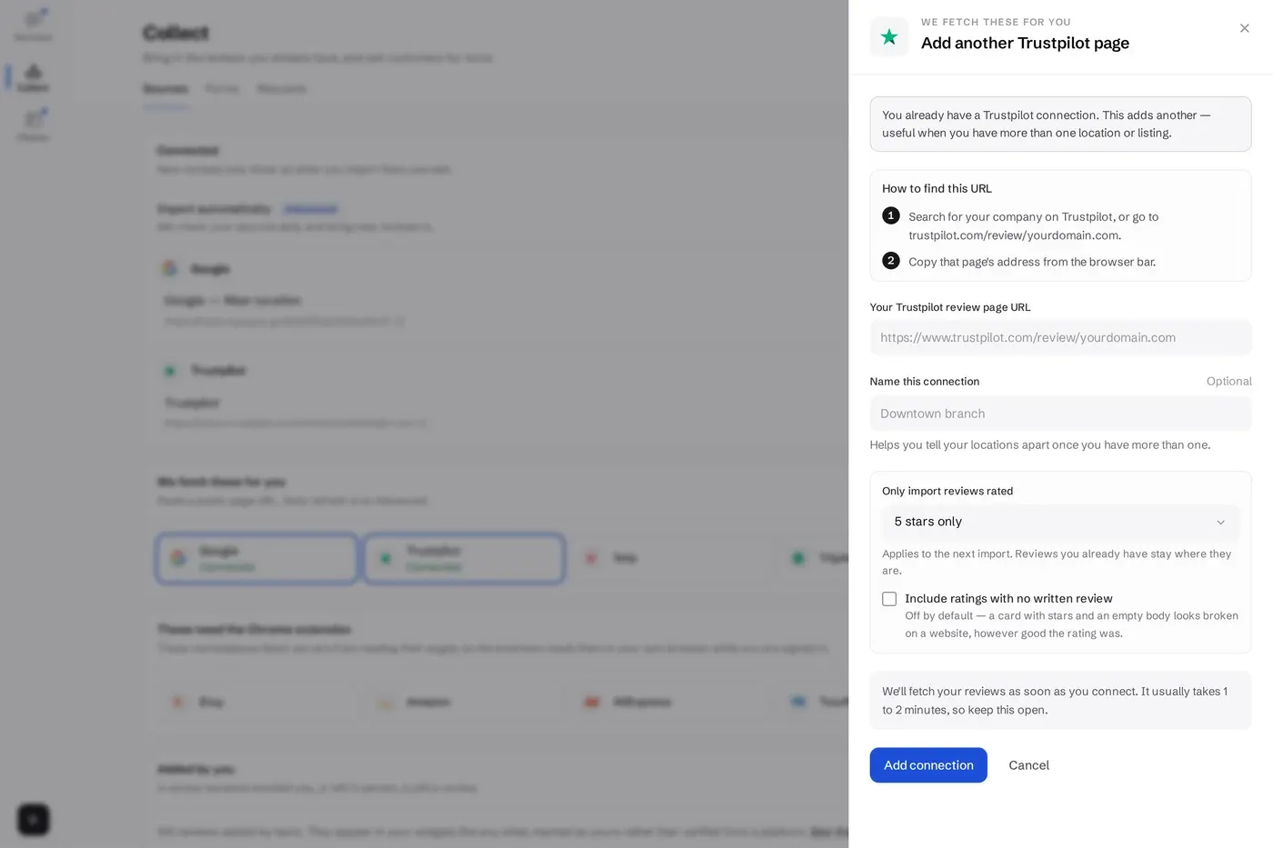The Trustpilot connect panel with a field for the company review page URL