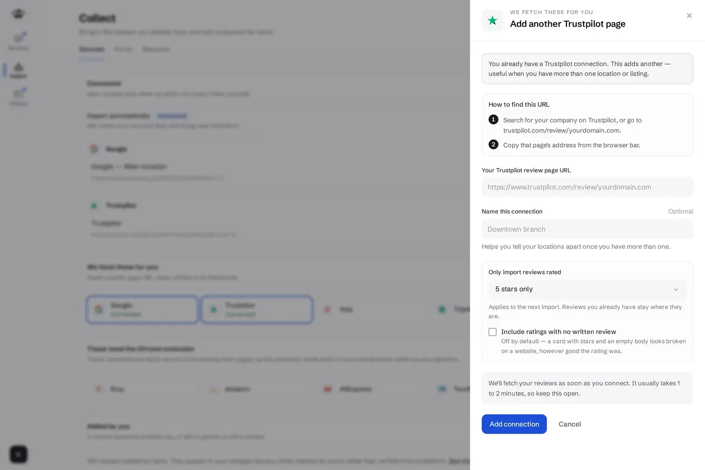 The Trustpilot connect panel with a field for the company review page URL