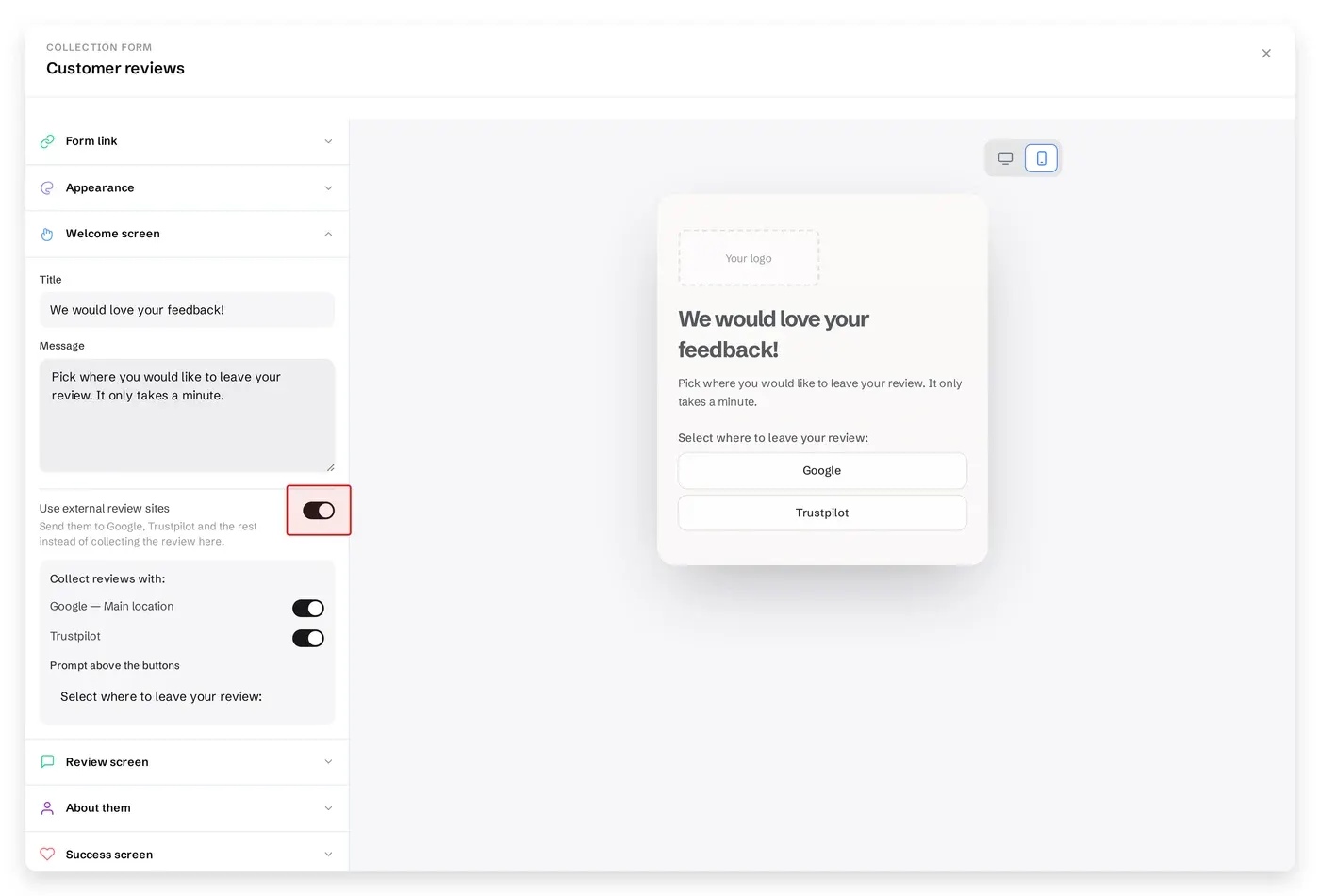 The form editor Welcome screen with Use external review sites enabled and connected sources selected