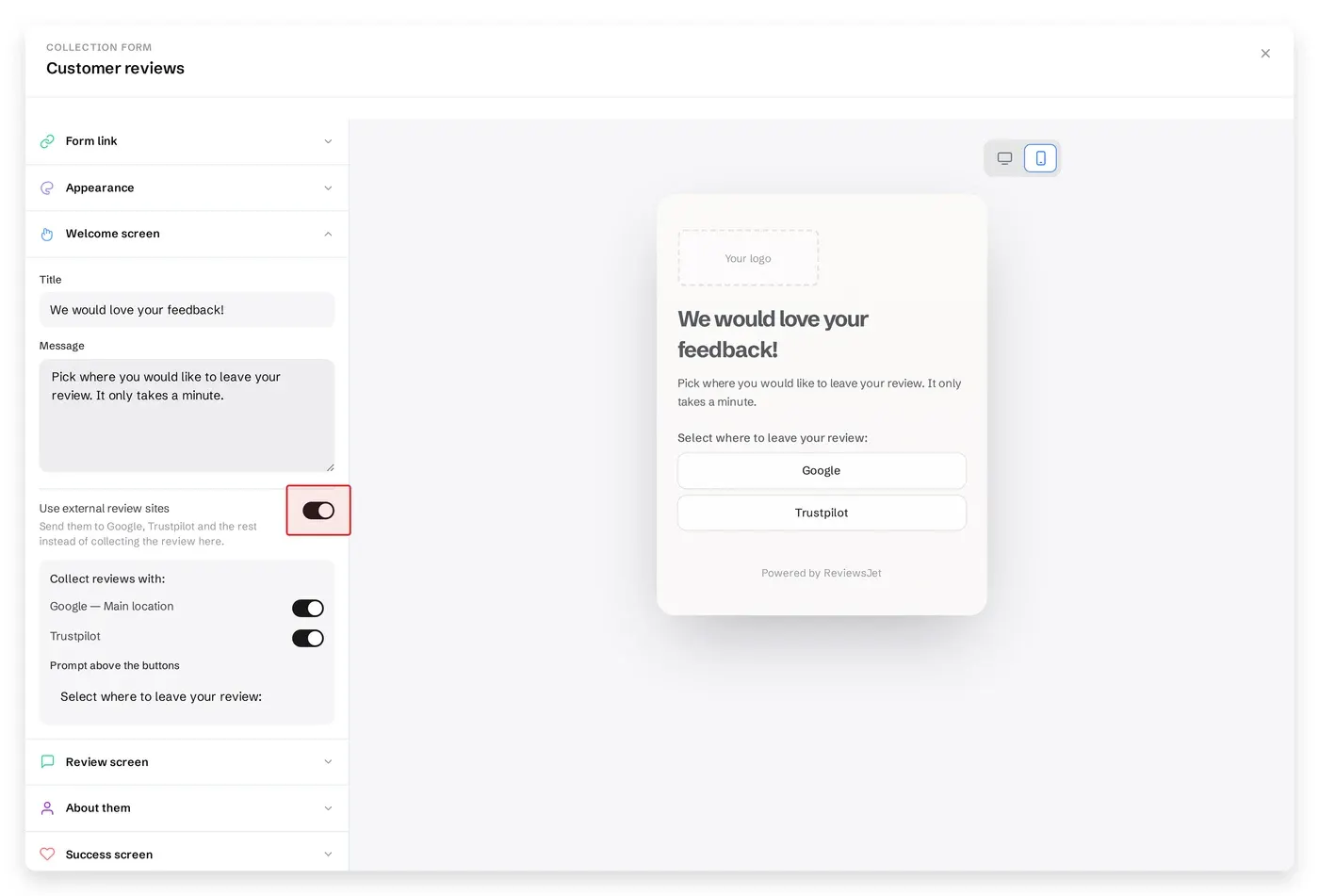 The form editor Welcome screen with Use external review sites enabled and connected sources selected