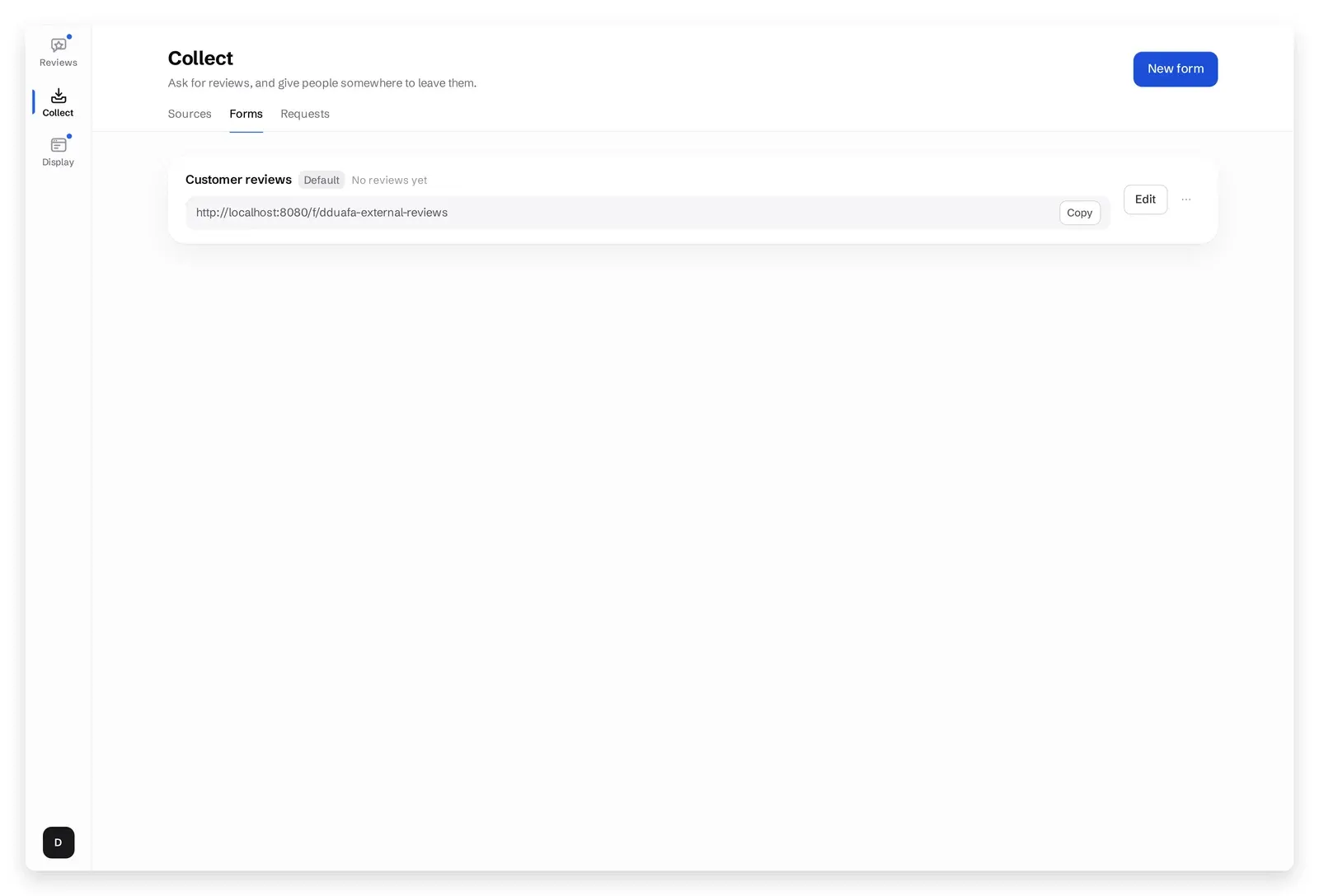 Collect → Forms showing the public link for the review form