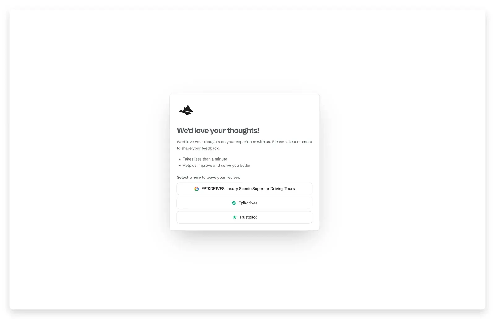 The public review form welcome screen with buttons to leave a review on Google or Trustpilot