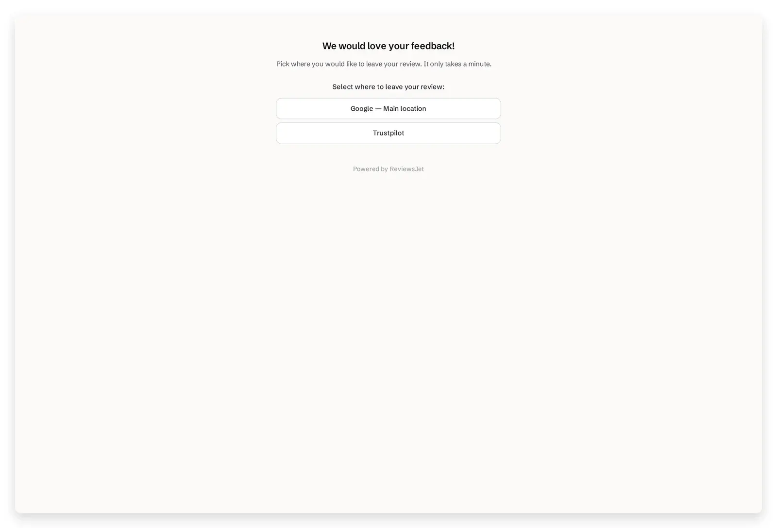 The public review form welcome screen with buttons to leave a review on Google or Trustpilot