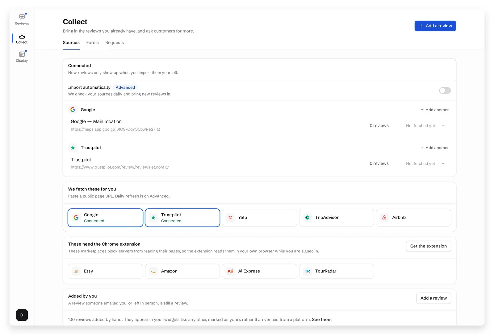 Collect → Sources with Google and Trustpilot connected for the workspace