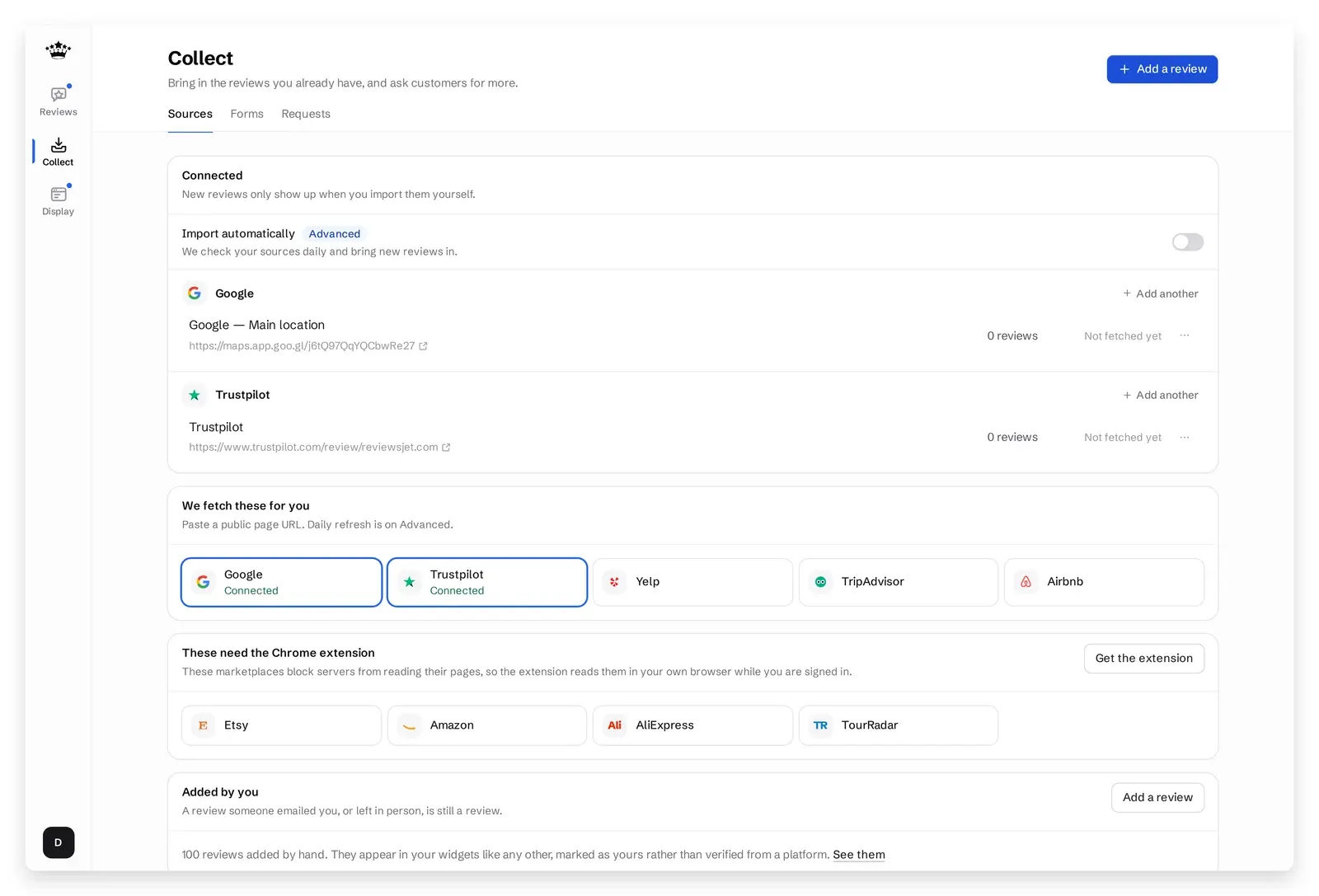 Collect → Sources with Google and Trustpilot connected for the workspace