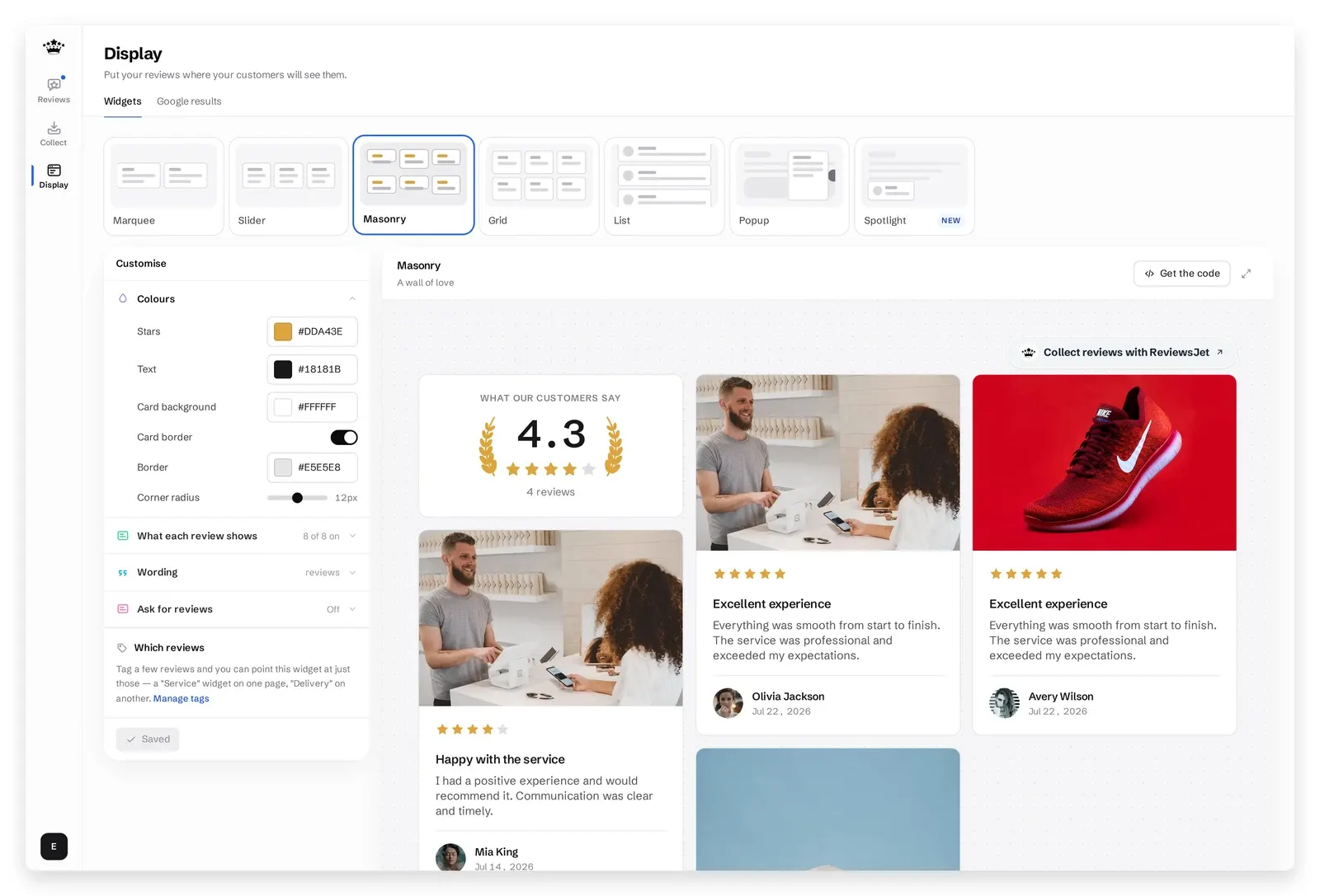 The ReviewsJet widget studio with the masonry layout selected, showing published Google, Yelp and Trustpilot reviews in staggered columns